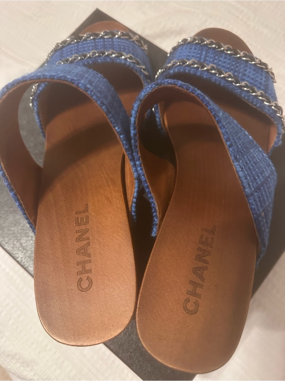 CHANEL Blue Tweed Slide Mules with Silver Chain Trim
